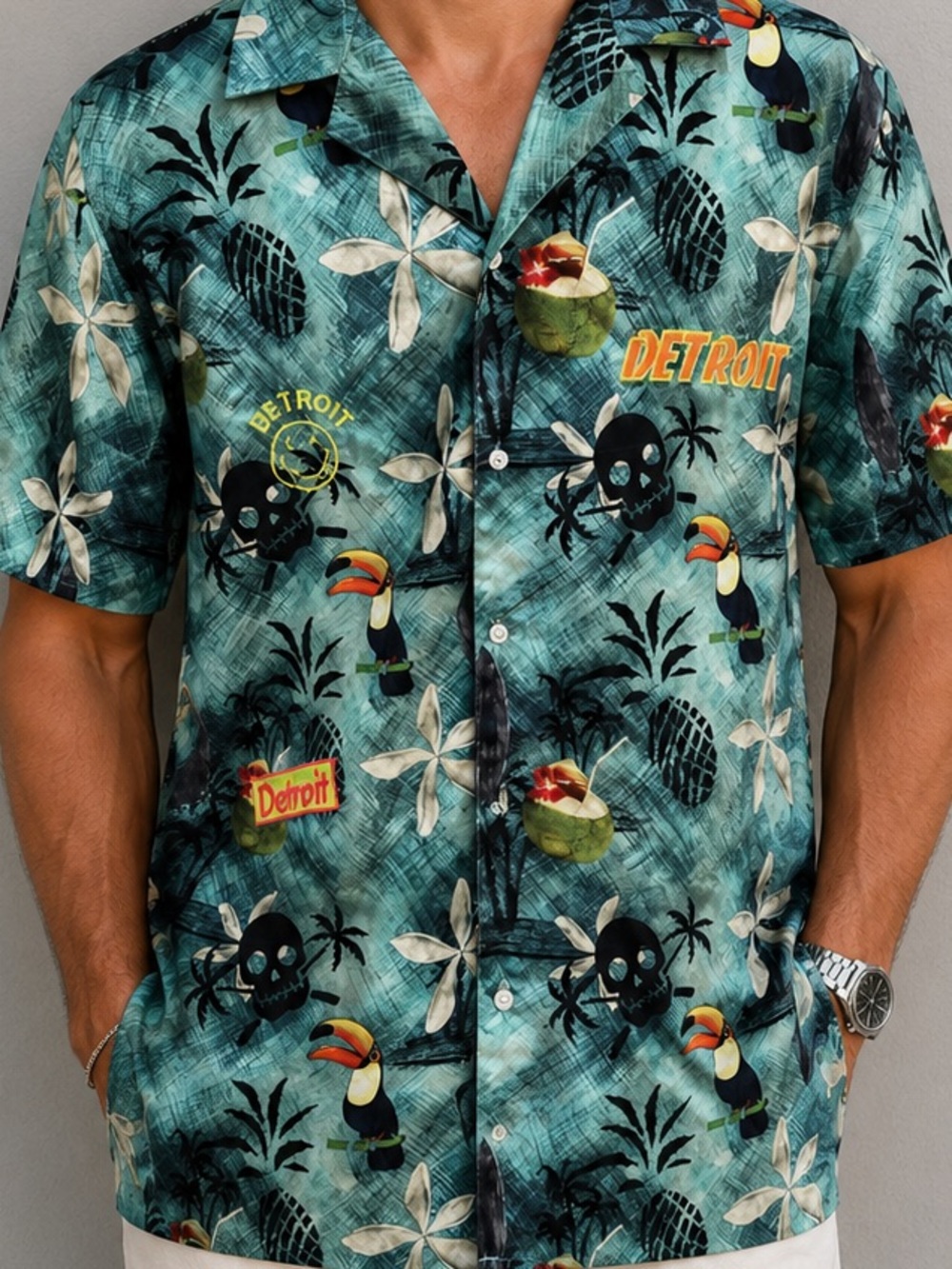 Custom Detroit Embroidered Aloha Shirt Men’s L